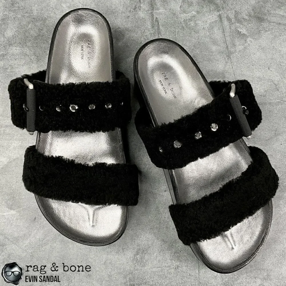 RAG & BONE EVIN GENUINE SHEARLING PLATFORM SLIDE SANDAL IN BLACK US SIZE 6 EU 36